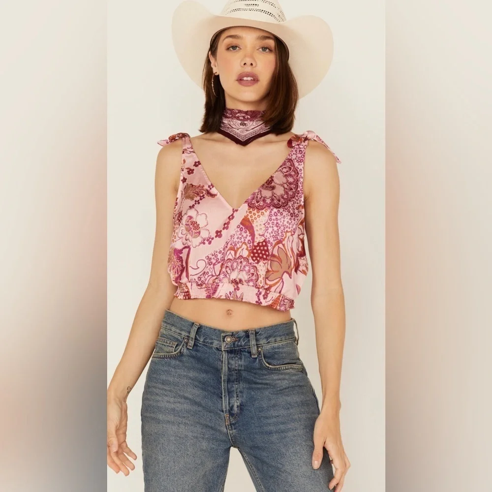 NEW FREE PEOPLE - Blush Floral Top with Elasticized Waistband